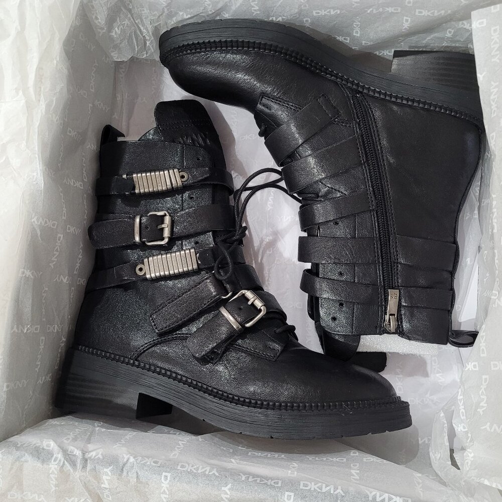 DKNY Black Buckled Combat Boots. Silver-Tone Metal Accents. 7. New. - Picture 5 of 13